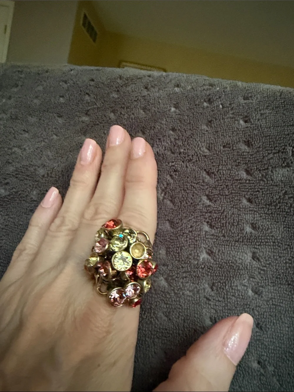 Designer Gold-Tone Cocktail Ring with Pink, Red and Yellow Crystals In Motion